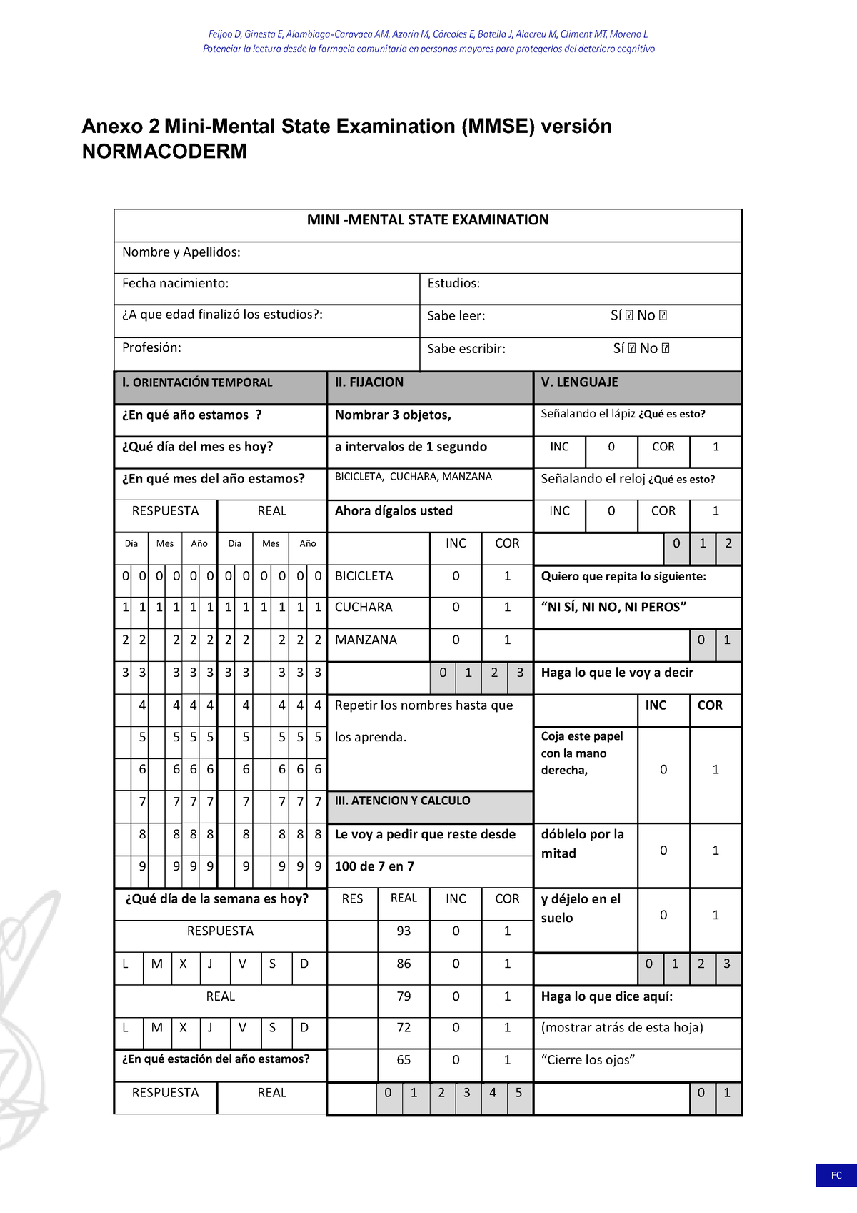 Mini Mental MMSE - Test MMSE - Anexo 2 Mini-Mental State Examination ...