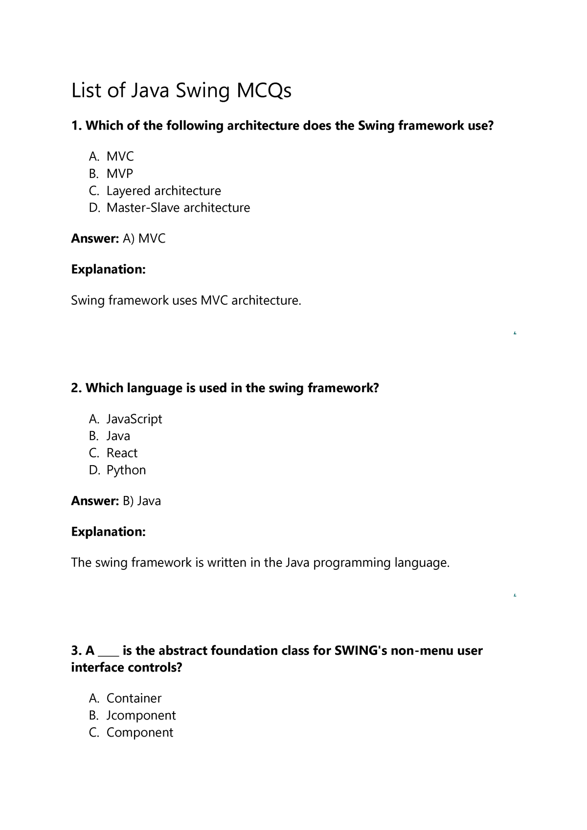 List Of Java Swing MCQs - Mcq - List Of Java Swing MCQs Which Of The ...