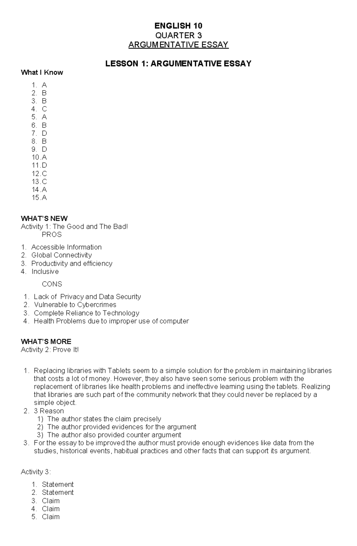 English 10 Argumentative Essay - ENGLISH 10 QUARTER 3 ARGUMENTATIVE ...
