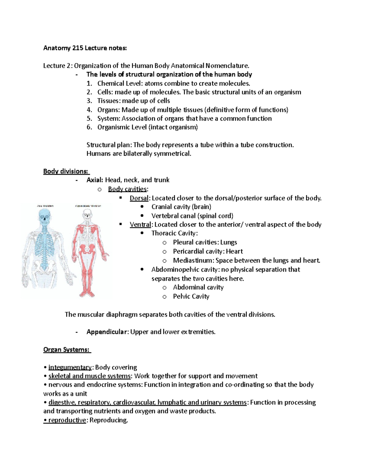 Anatomy 215 Module 1 notes - Anatomy 215 Lecture notes: Lecture 2 ...