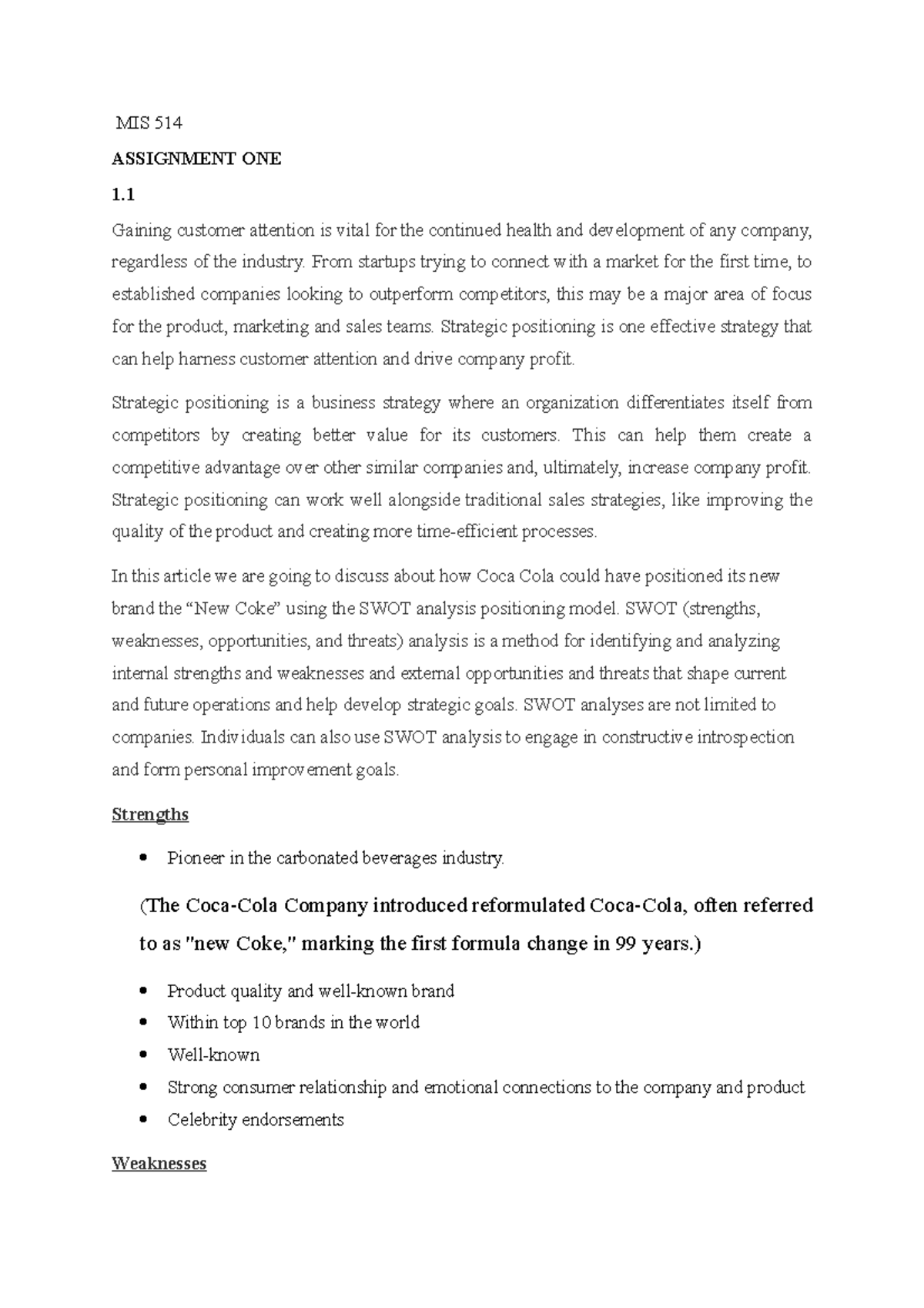 MIS 514 Assignments Answers - MIS 514 ASSIGNMENT ONE 1. Gaining ...