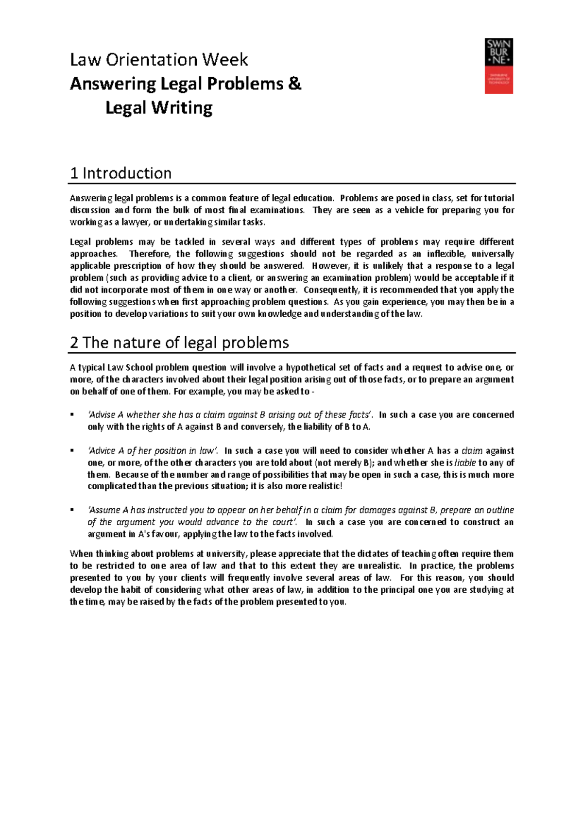 Answering Legal Problems - Problems are posed in class, set for ...