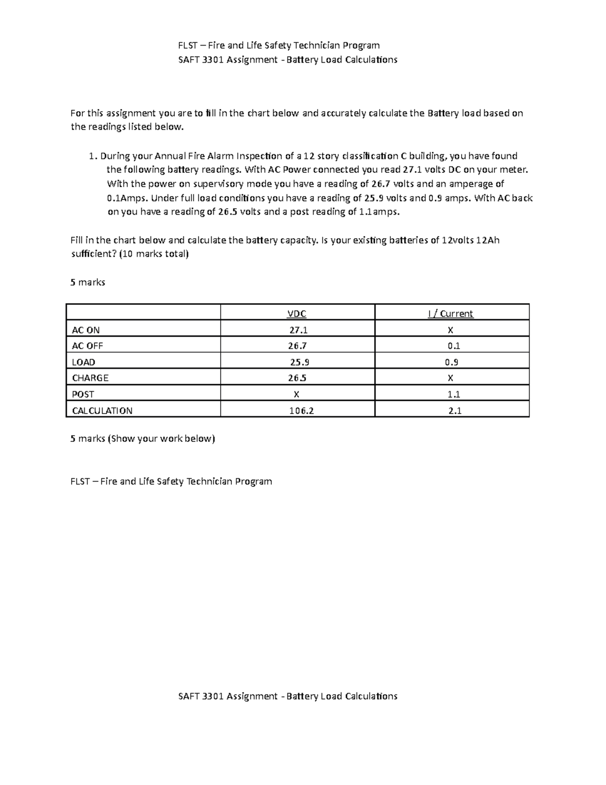 LAB Assignment 3 Battery Calculations FLST Fire and Life Safety Technician Program SAFT
