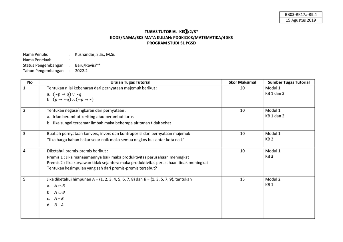 Tugas Tutorial 1 Matematika - BB03-RK17a-RII. 15 Agustus 2019 TUGAS ...