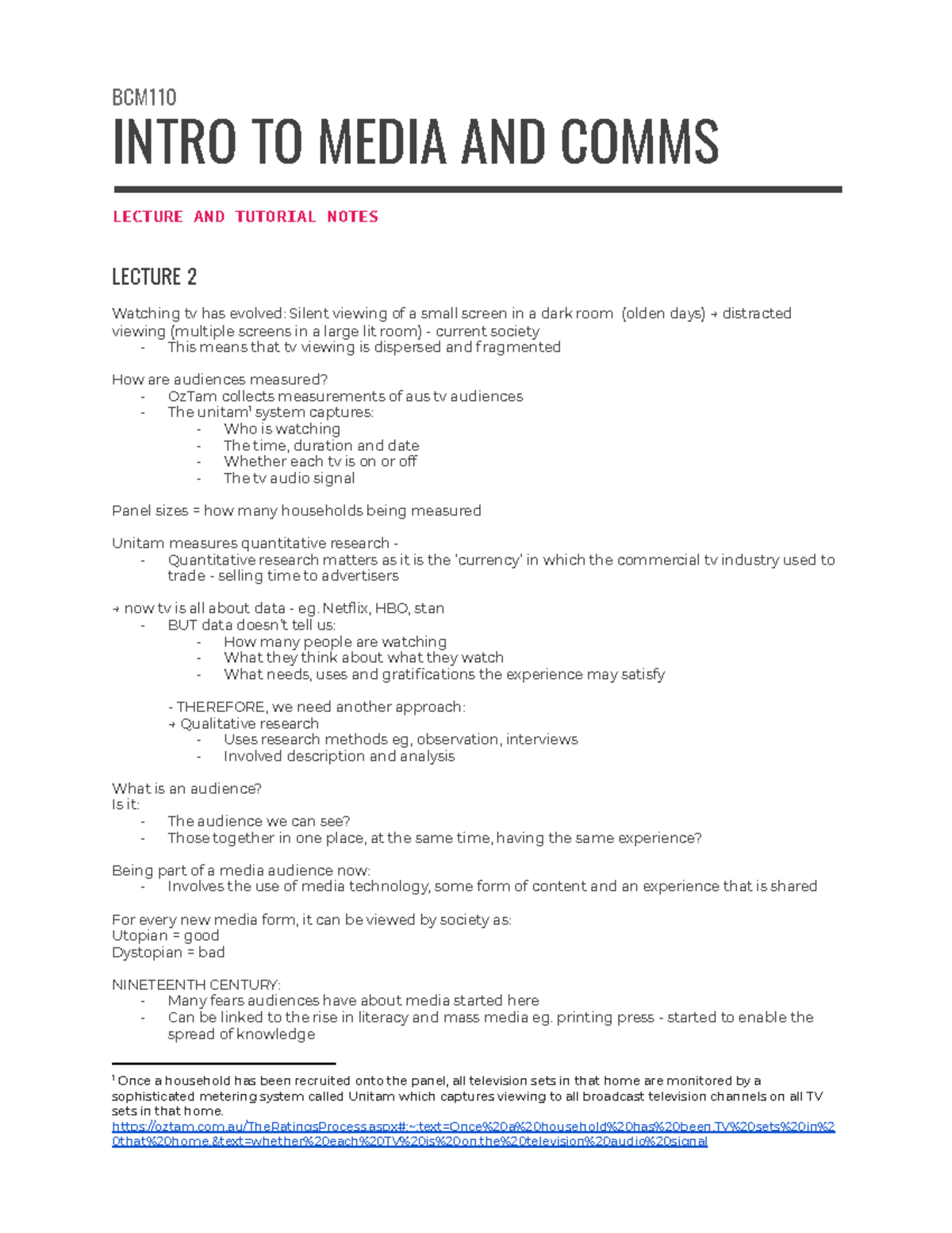 BCM110 intro to media and comms lecture and tut notes - BCM INTRO TO ...