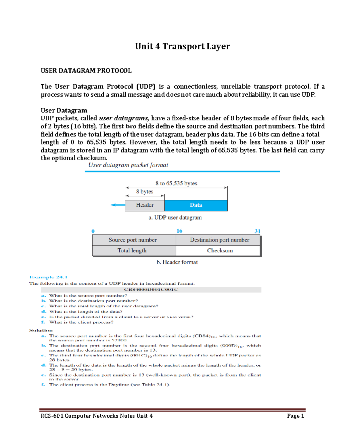 Unit 4 Notes Networks) Unit 4 Transport Layer USER