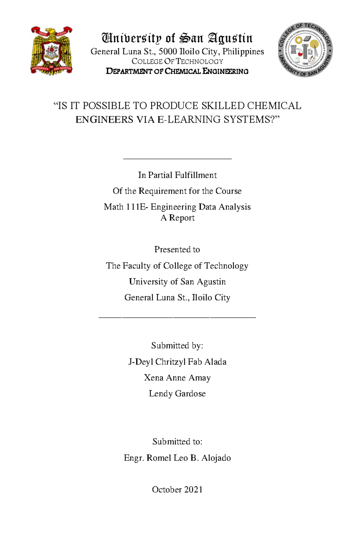 DA Output Final - Data Analysis - Chemical Engineering - USA - Studocu