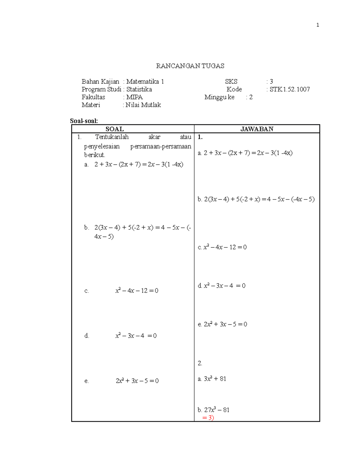 Tugas 2 Matematika 1 - RANCANGAN TUGAS Bahan Kajian : Matematika 1 SKS ...