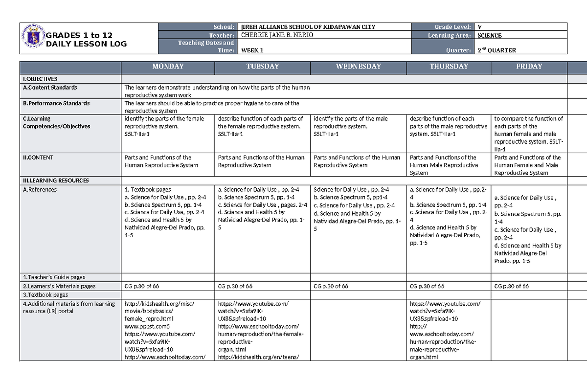DLL Science 5 Q2 W1 - DLL - GRADES 1 to 12 DAILY LESSON LOG School ...