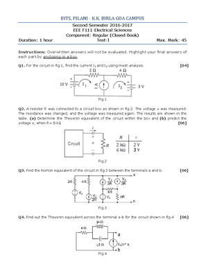 EEE F111-Test-I Answer Key - electrical sciences - BITS Pilani - Studocu
