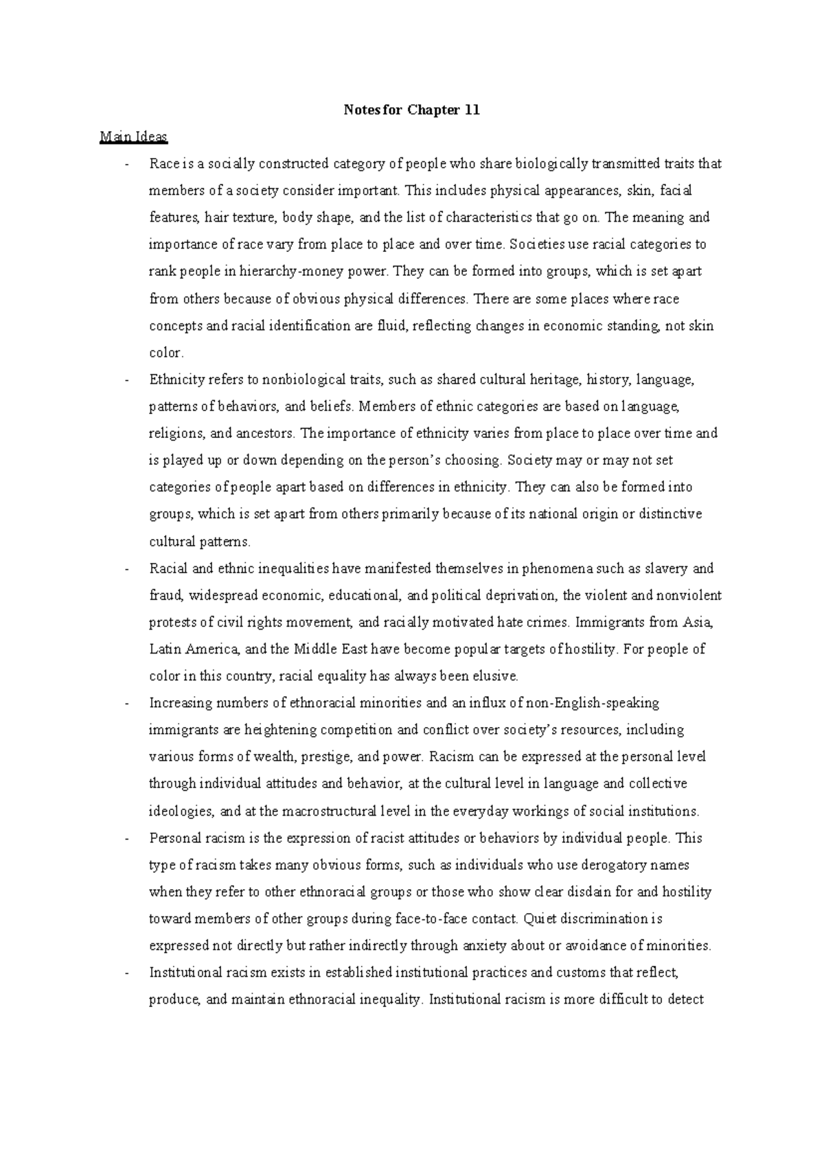 Sociology 101 - Notes for Chapter 11 - Notes for Chapter 11 Main Ideas ...