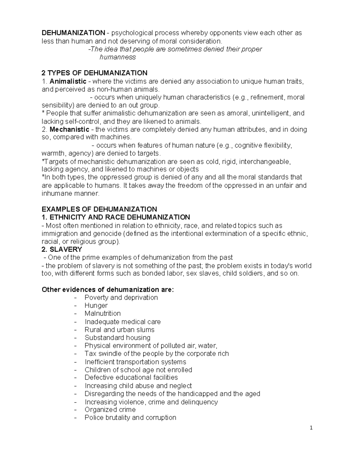 Sociology Issues - Reviewer for UTS - DEHUMANIZATION - psychological ...