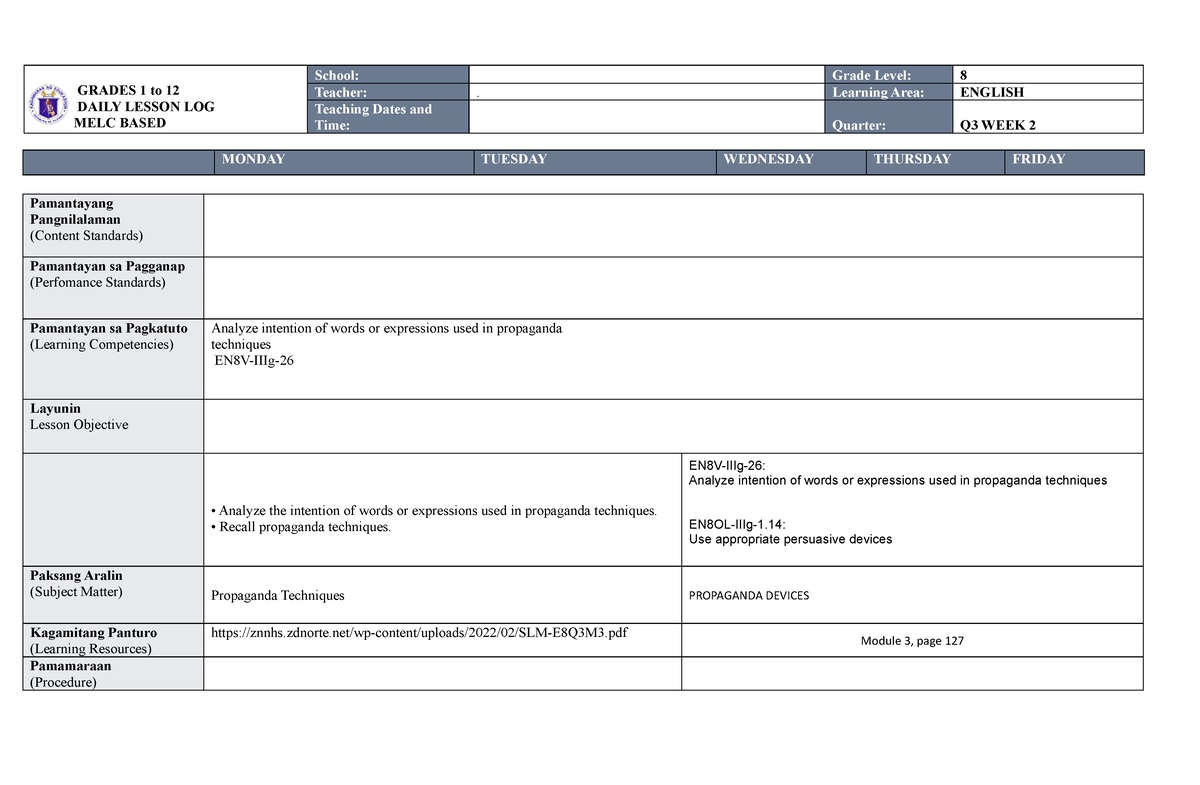 MELC DLL ENG 8 WEEK 2 Q3 Done - GRADES 1 To 12 DAILY LESSON LOG MELC ...