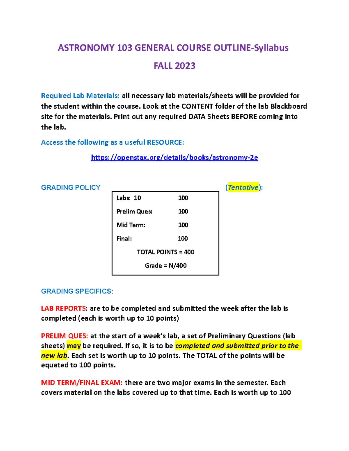 Ast 103 Lab Syllabus FALL 2023 - ASTRONOMY 103 GENERAL COURSE OUTLINE ...