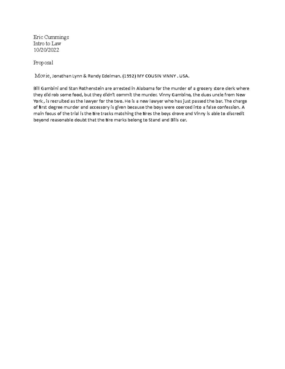 Intro to law - Proposal - This is a lecture note review - Eric Cummings ...