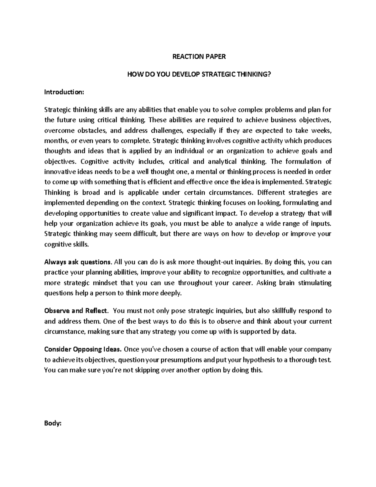 Strategic Thinking REACTION PAPER HOW DO YOU DEVELOP STRATEGIC