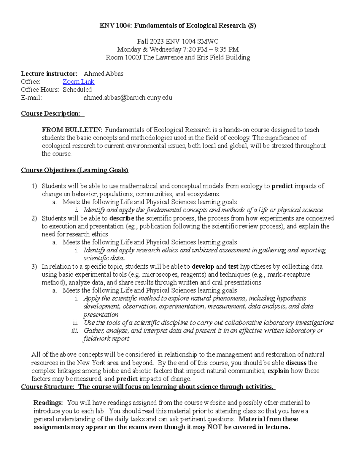 Fall 2023 SMWC ENV 1004 Syllabus ENV 1004 Fundamentals of Ecological