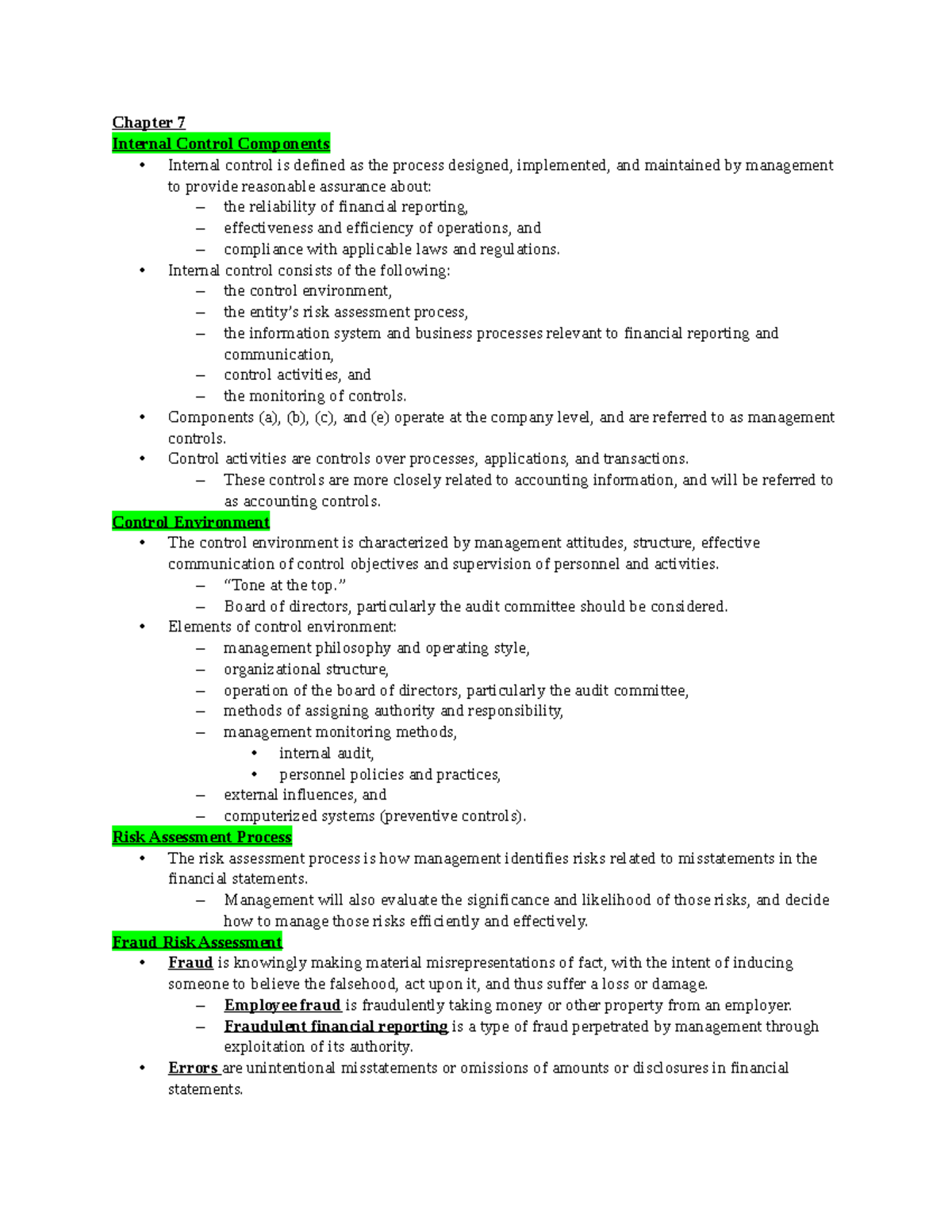 Auditing Midterm Review - Chapter 7 Internal Control Components ...