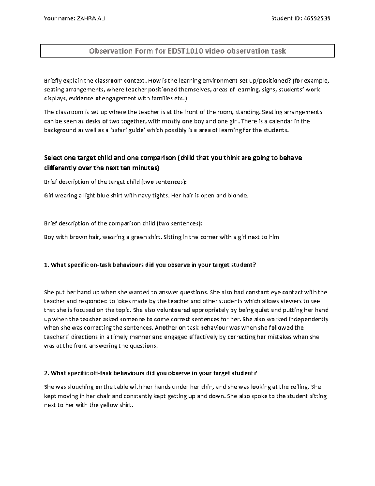 Observation task one hurdle tasks. EDST1010 MQ Studocu