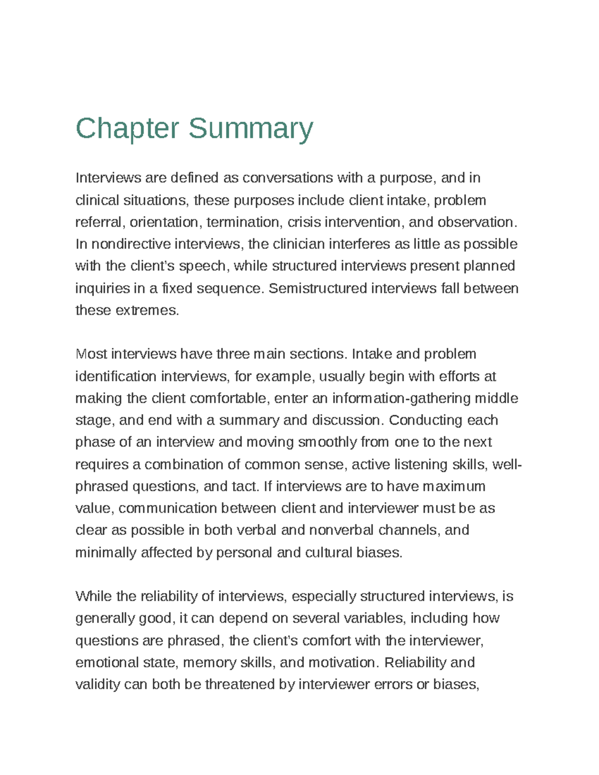 Introduction to clinical psychology 30 - Chapter Summary Interviews are ...
