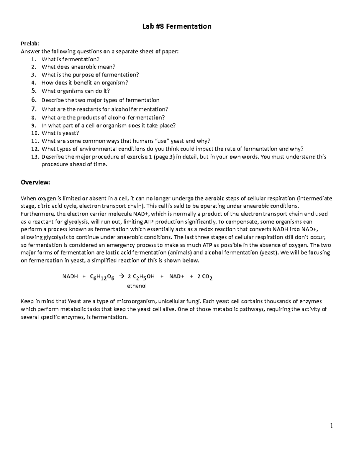 Lab #8 - Fermentation - yeah - Lab #8 Fermentation Prelab: Answer the ...