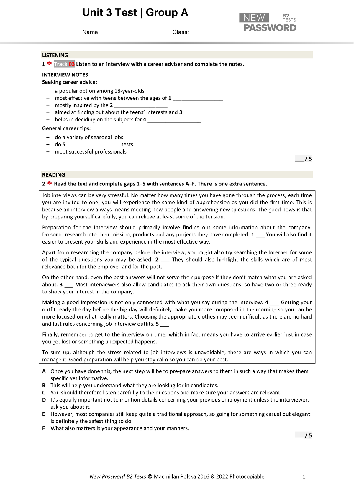 New Password B2 UT 3A-K - Unit 3 Test | Group A Name ...