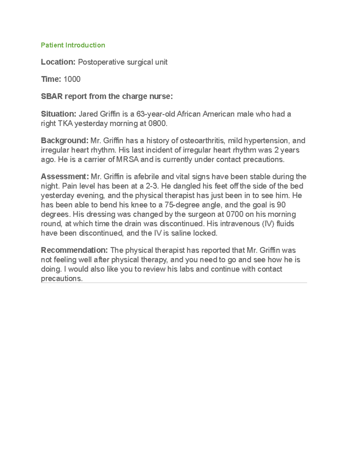 SBAR Patient Introduction - Patient Introduction Location ...