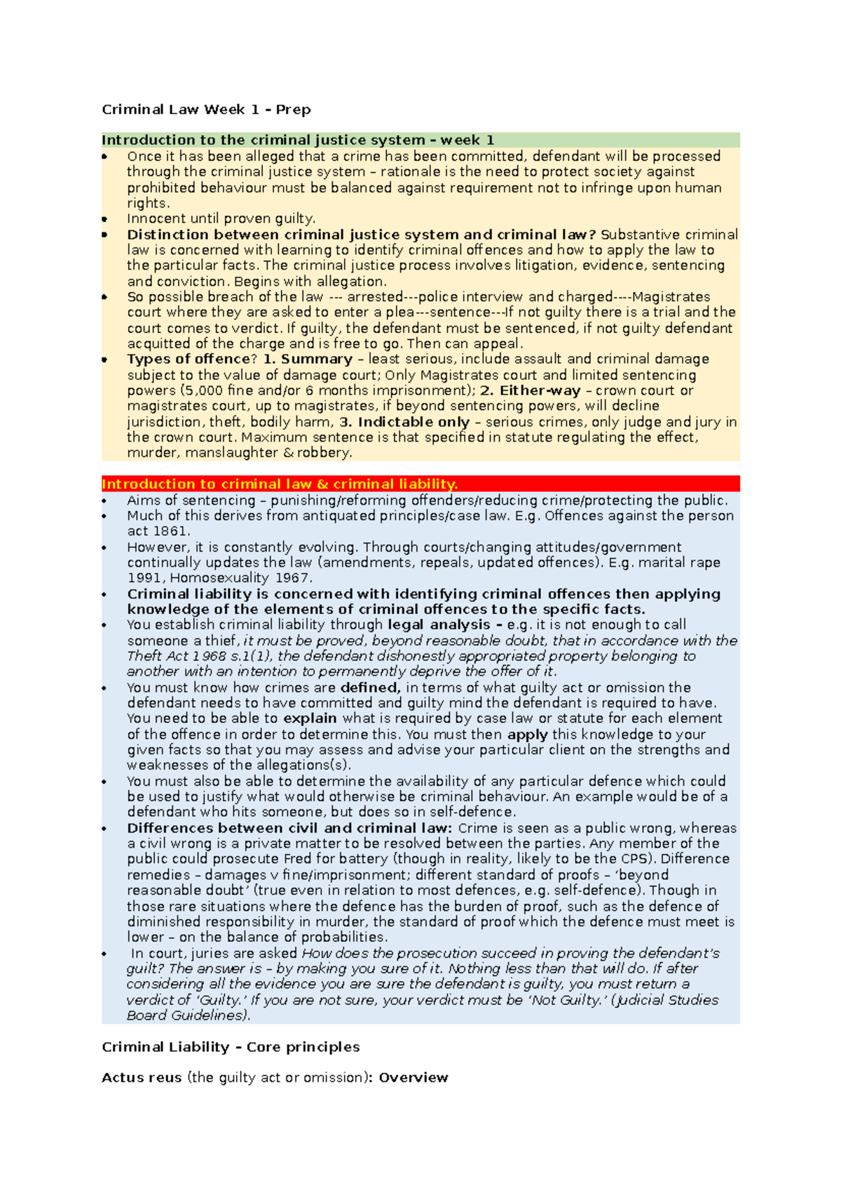 Core Principles of criminal liability - Criminal Law Week 1 – Prep ...