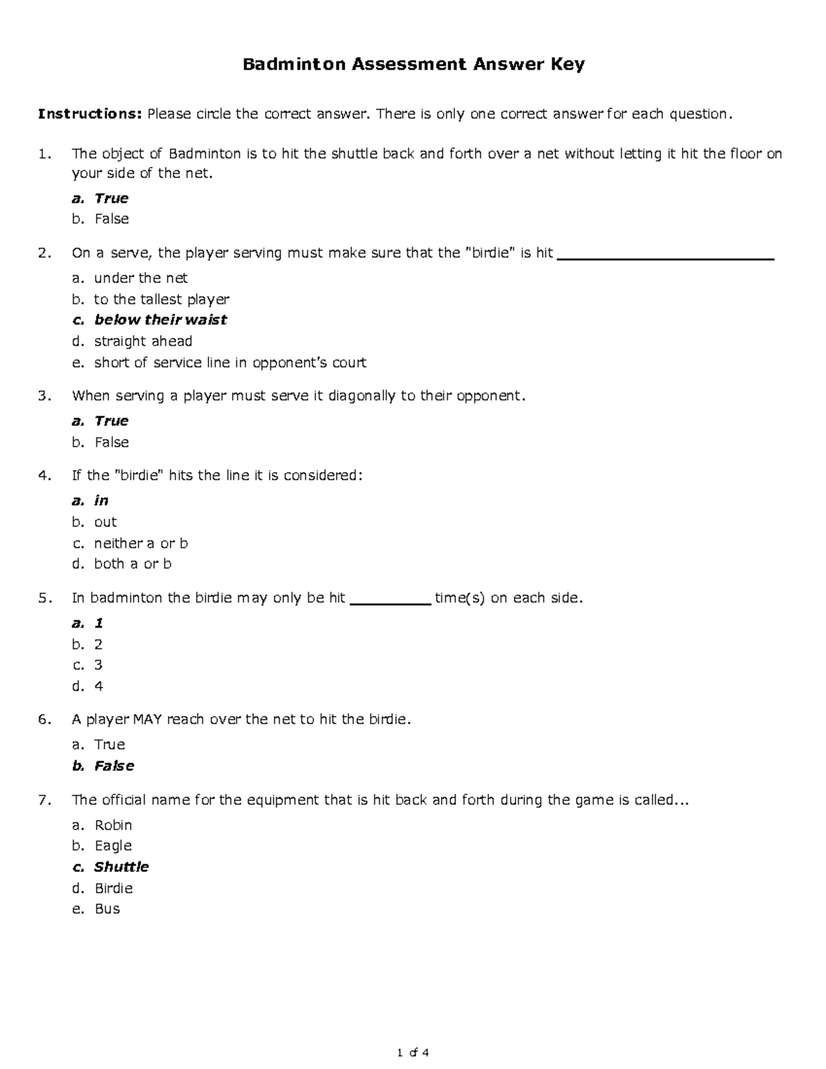 Badminton Assessment Key Badmint on Assessment Answer Key