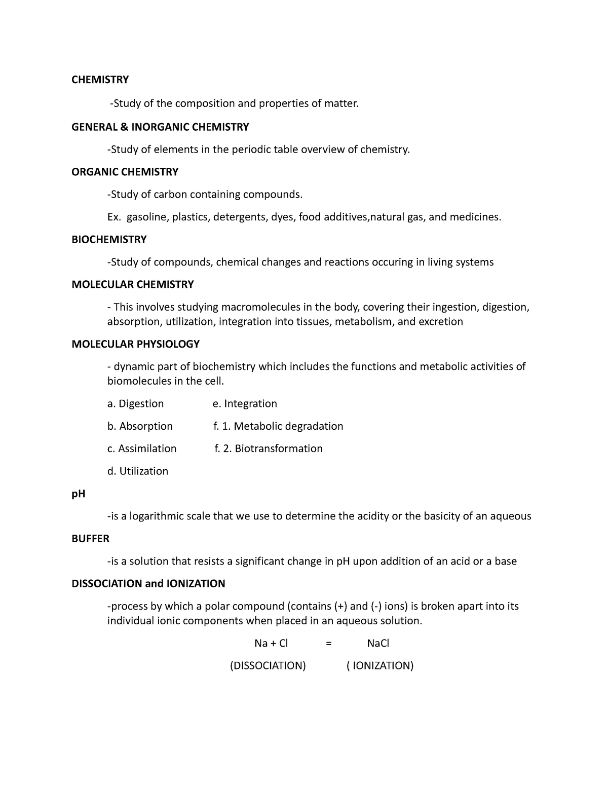 Biochemistry Study Sheet - CHEMISTRY -Study of the composition and ...