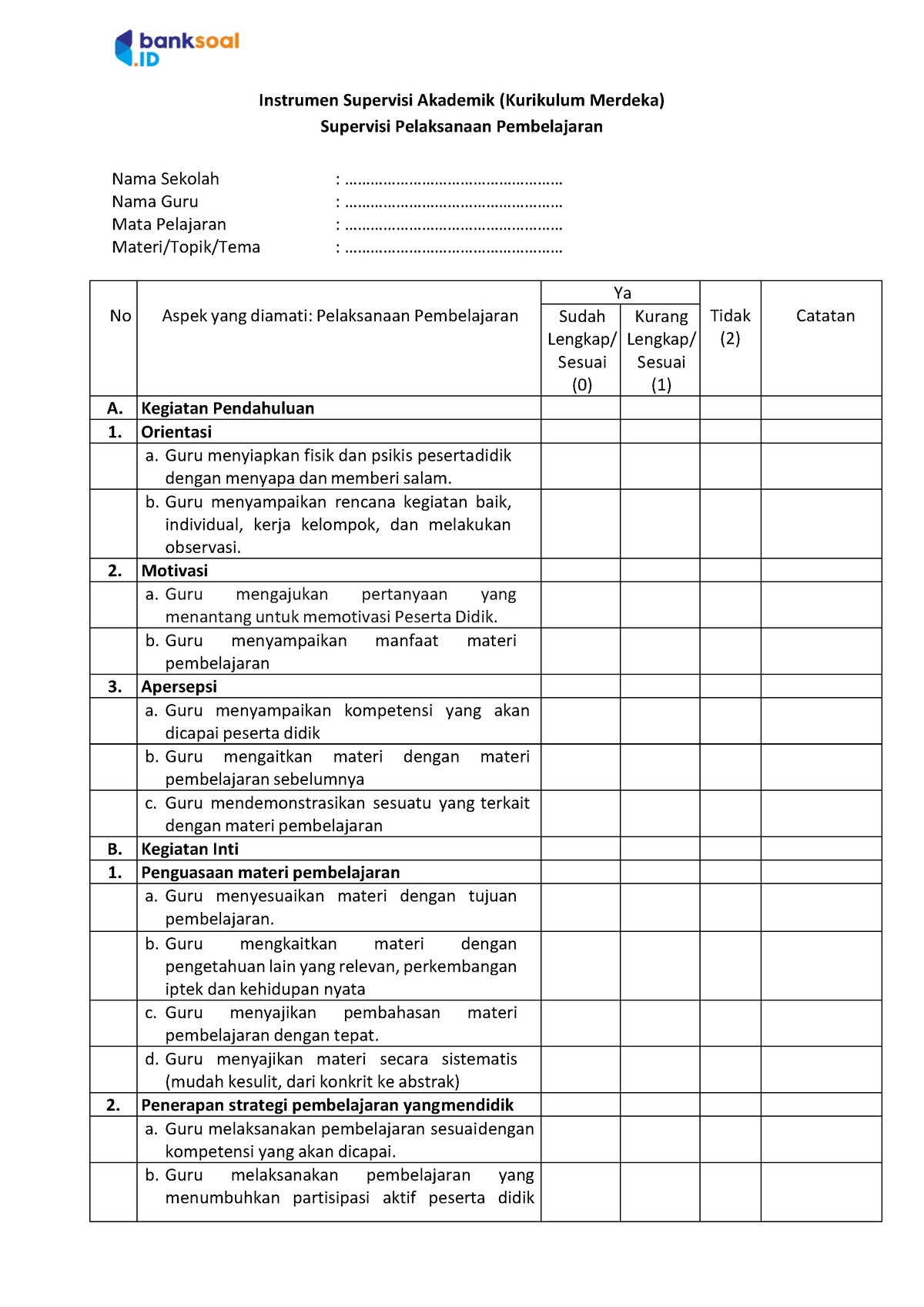 Instrumen Supervisi Pelaksanaan Pembelajaran Instrumen Supervisi Akademik Kurikulum Merdeka 