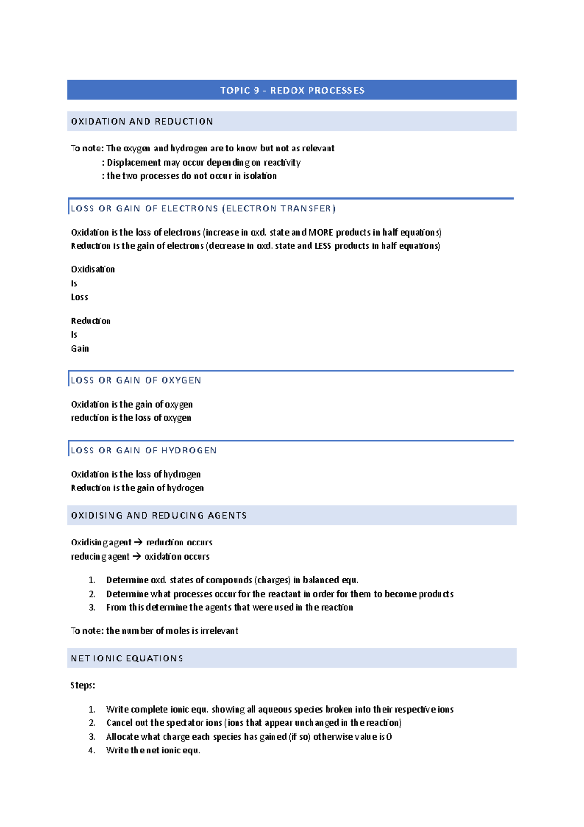 Topic 9 - TOPIC 9 - REDOX PROCESSES OXIDATION AND REDUCTION To note ...