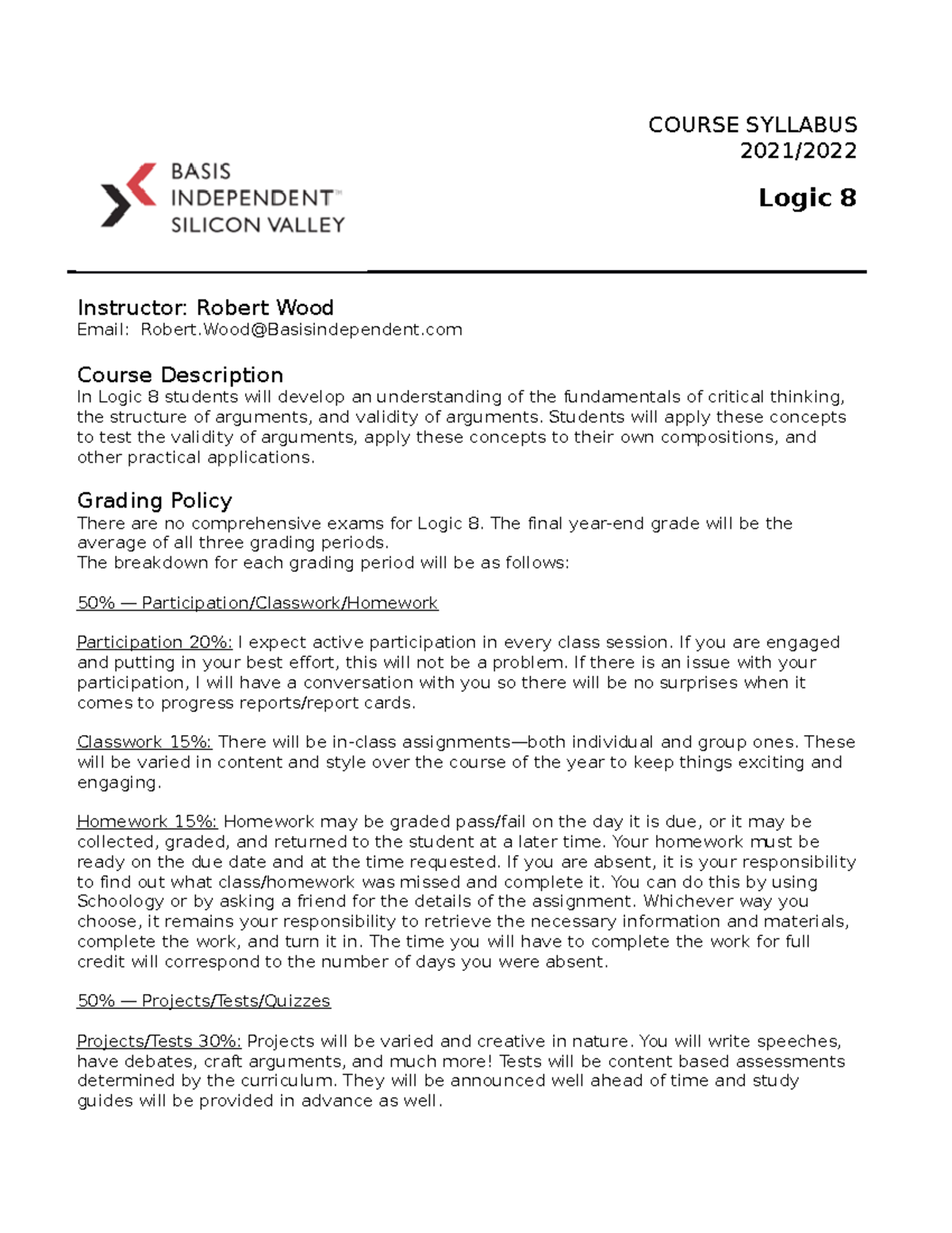 Logic+syllabus wood - kjn - COURSE SYLLABUS 2021/ Logic 8 Instructor ...