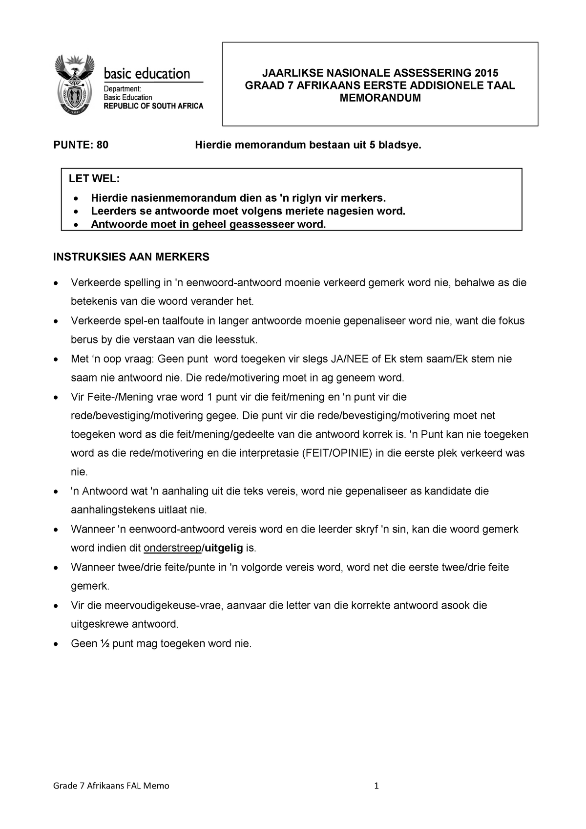 2015 Grade 7 Afrikaans FAL Memo - JAARLIKSE NASIONALE ASSESSERING 2015 ...