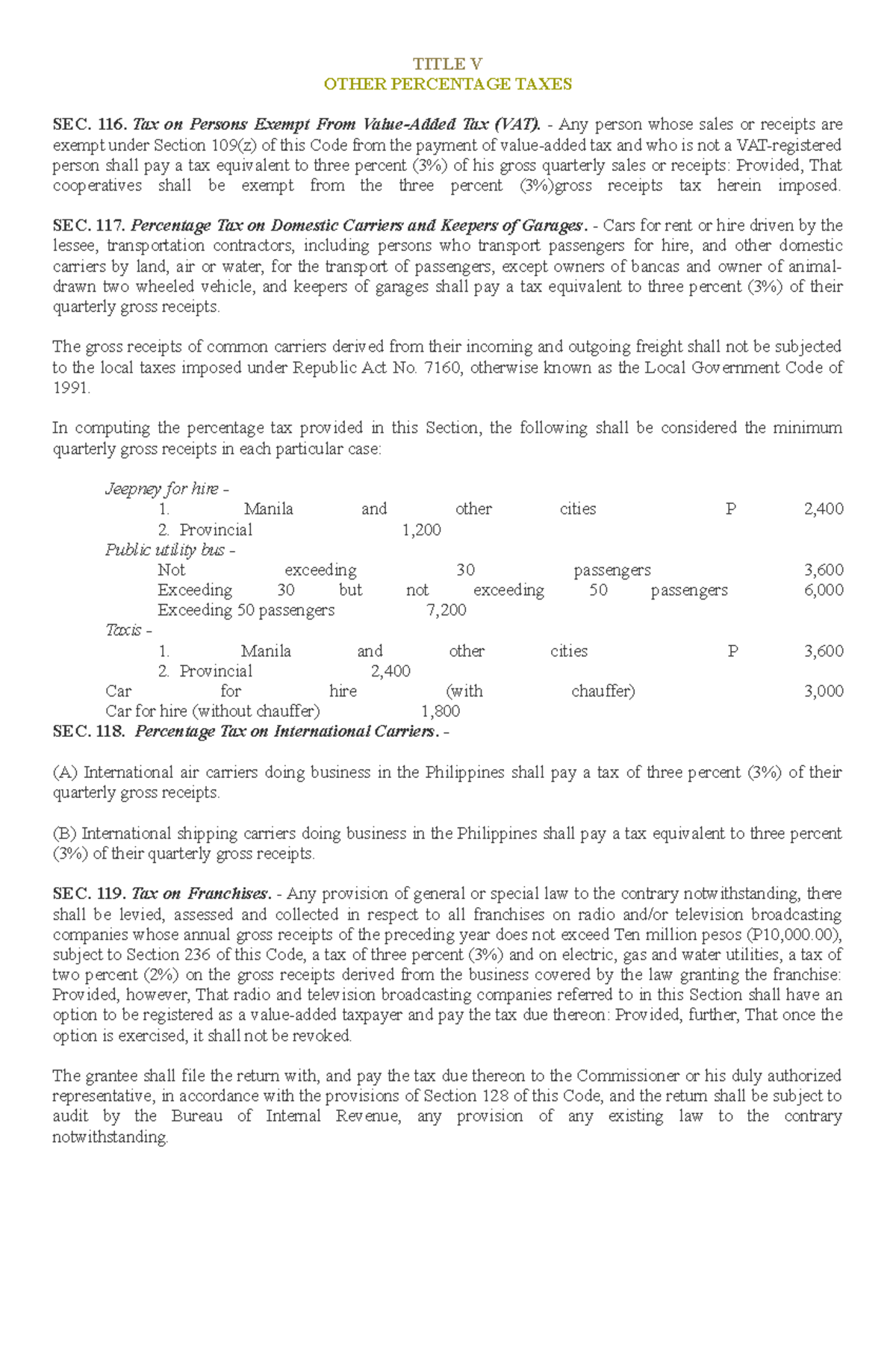 Section-116-117 - Taxcode - TITLE V OTHER PERCENTAGE TAXES SEC. 116 ...
