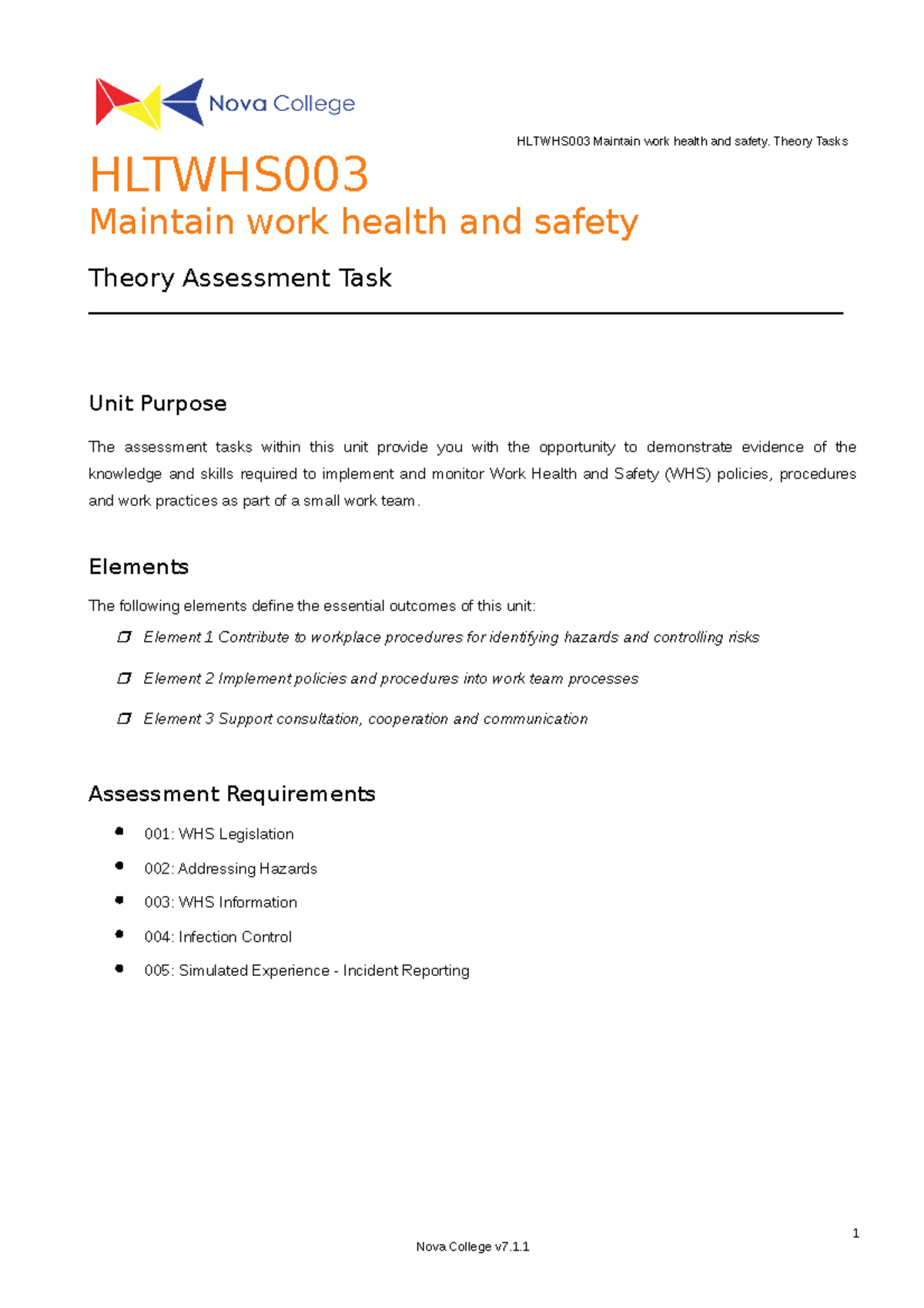 HLTWHS 003 Assessment HLTWHS Maintain work health and safety Theory