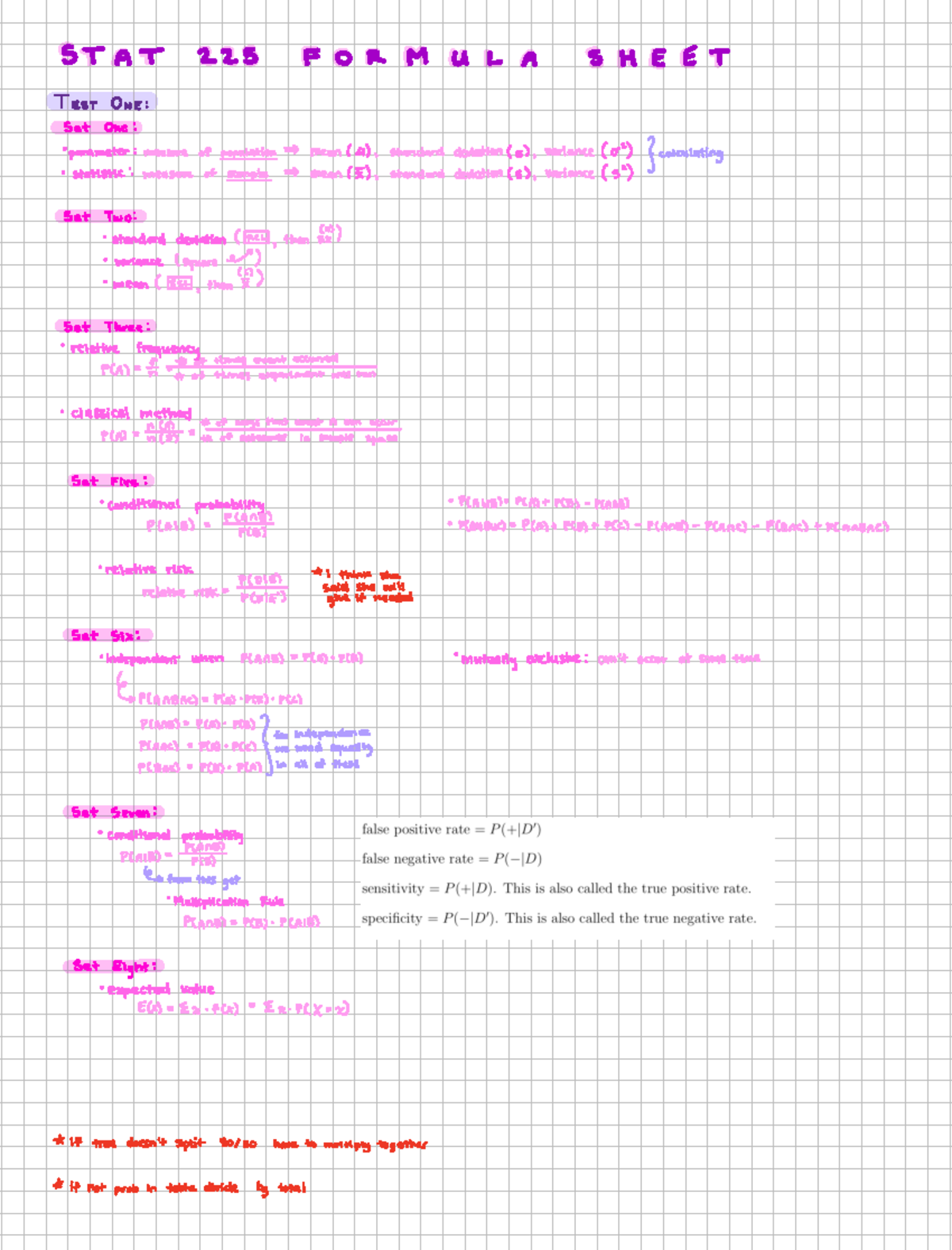 255 Formula Sheet - Summary Statistics for Life Sciences I - STAT 225 F ...