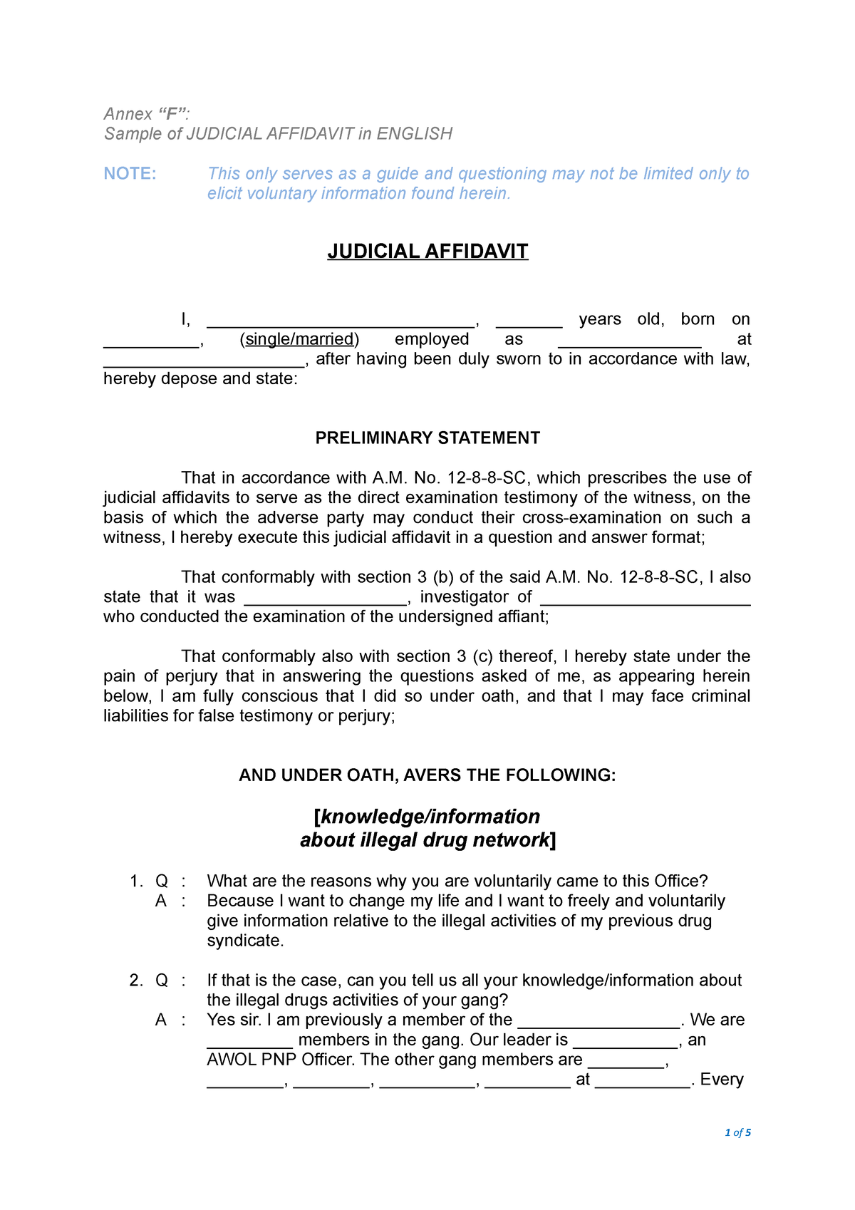 Sample Format of Judicial Affidavit (English) - Annex “F”: Sample of ...