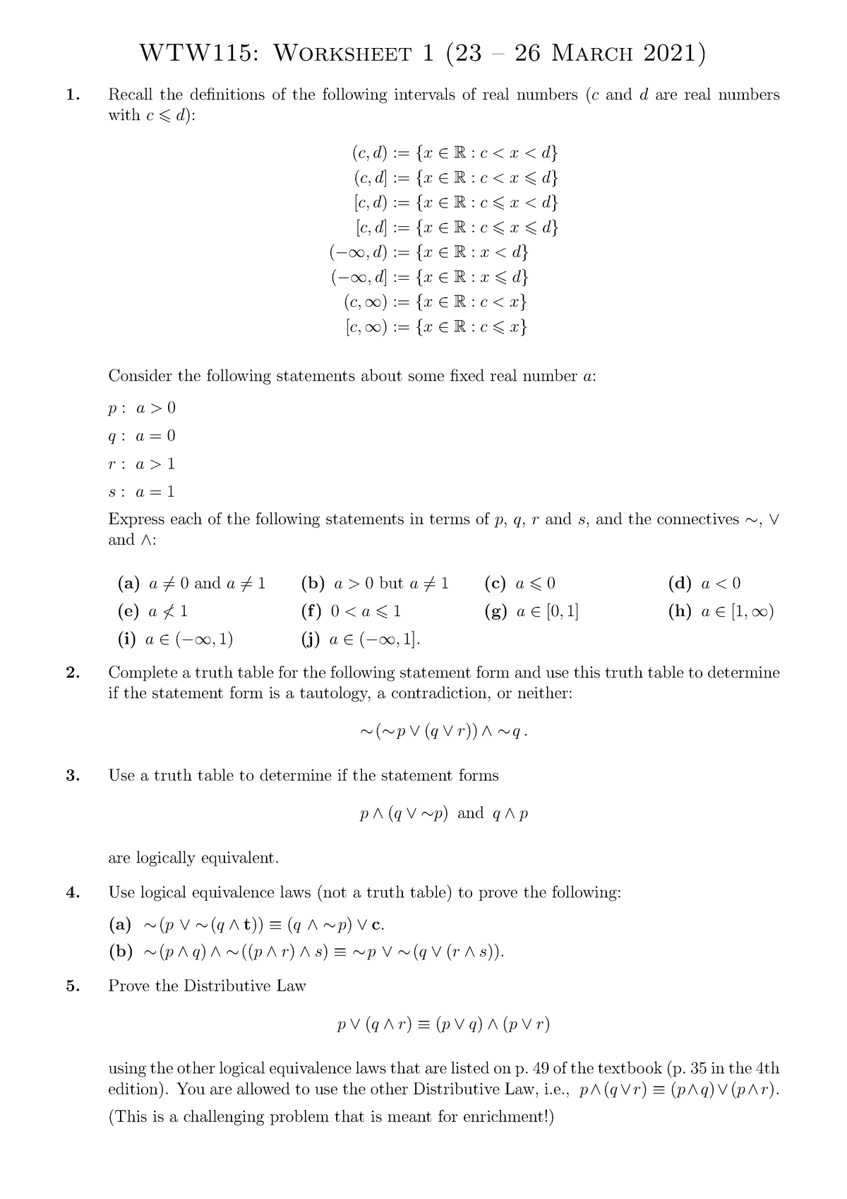 Wtw115 Worksheet 1 21 Discrete Structures Wtw 115 Up Studocu