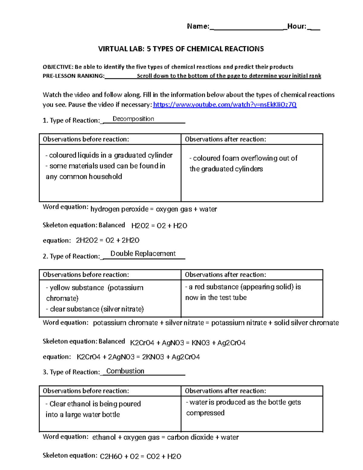 Kami Export Types Of Chemical Reaction Video Worksheet docx Name 