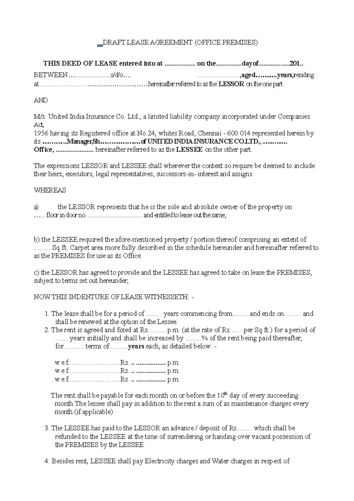 Draft Lease Agreement 2 - DRAFT LEASE AGREEMENT (OFFICE PREMISES) THIS ...