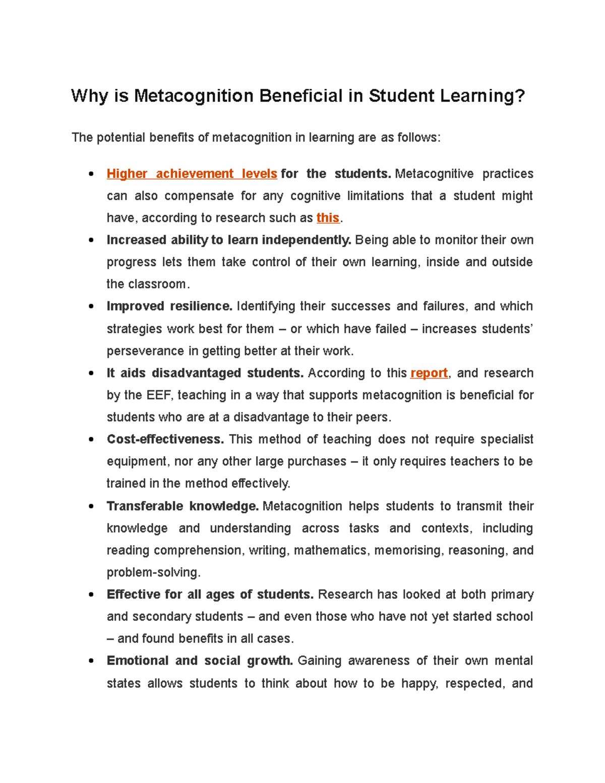 Why is Metacognition Beneficial in Student Learning - Metacognitive ...