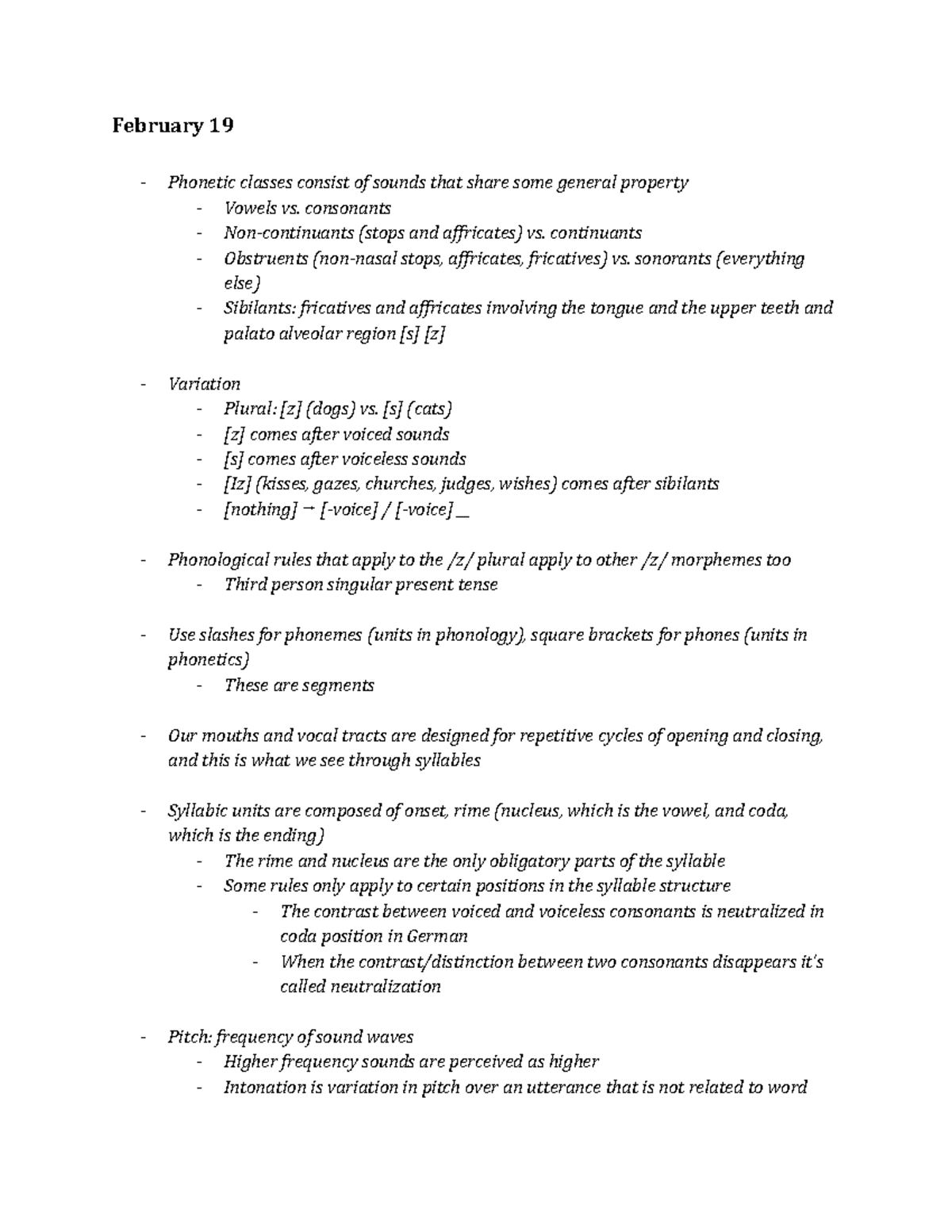 Class 10 Notes - Phonology - February 19 Phonetic classes consist of ...