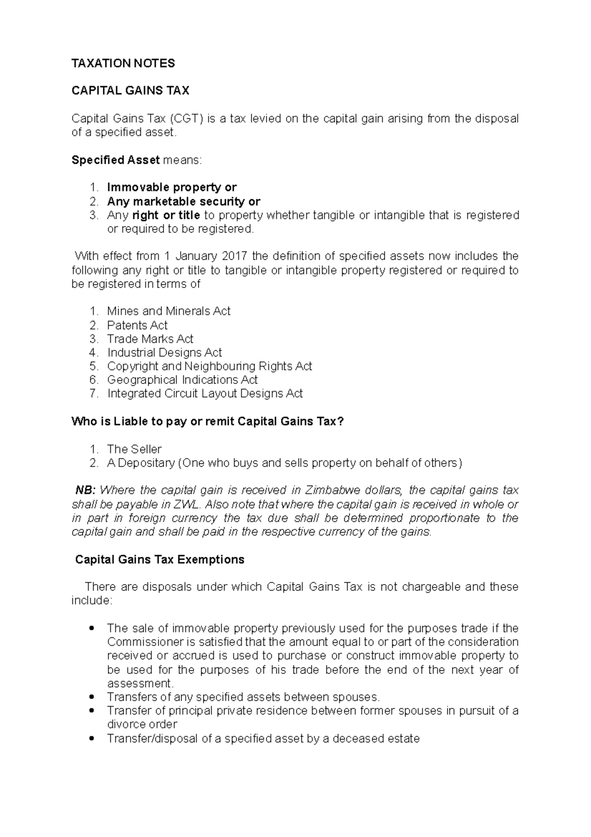 Capital Gains Tax Notes TAXATION NOTES CAPITAL GAINS TAX Capital