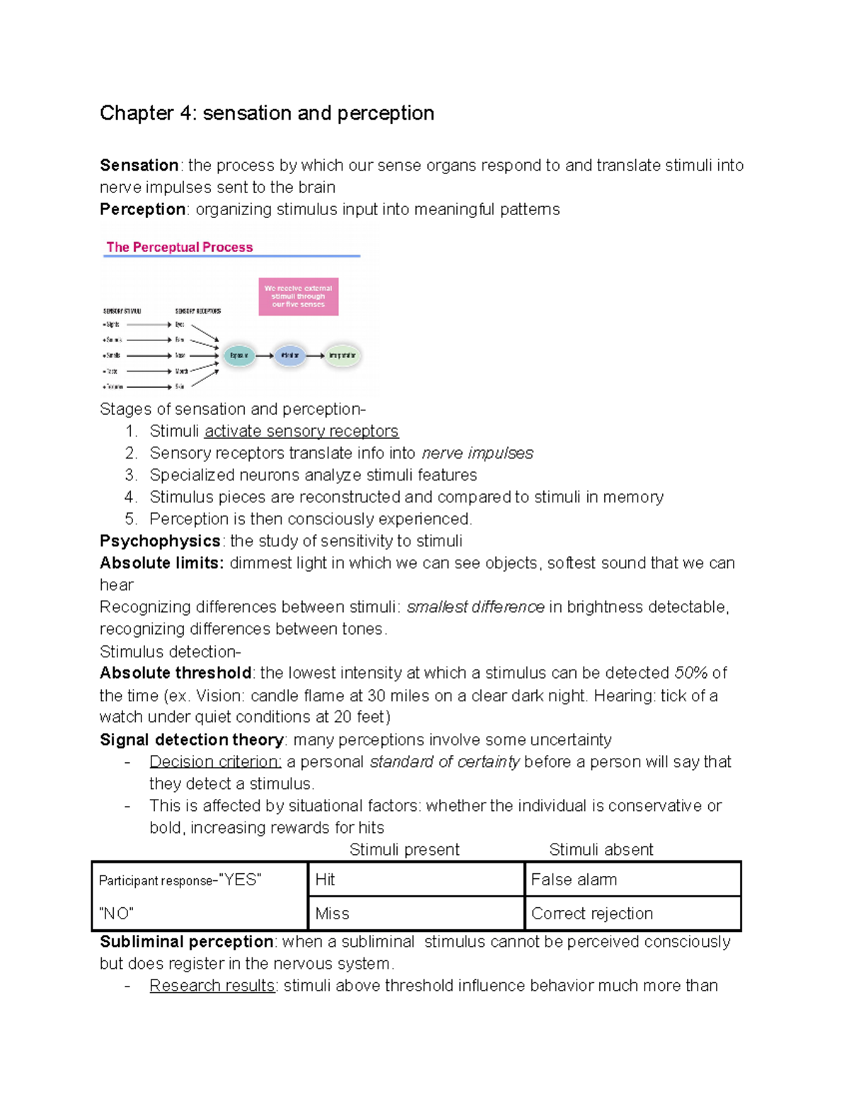 Psych 111 Chapter 4: Sensation And Perception - Chapter 4: Sensation ...