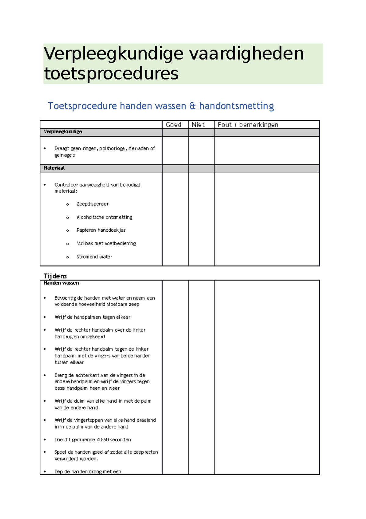 Verpleegkundige Vaardigheden Toetsprocedures Verpleegkundige