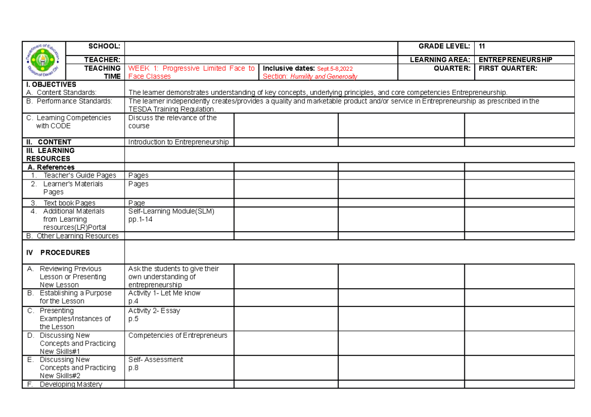 Lap-dll - Entrepreneurship Dll - School: Grade Level: 11 Teacher 