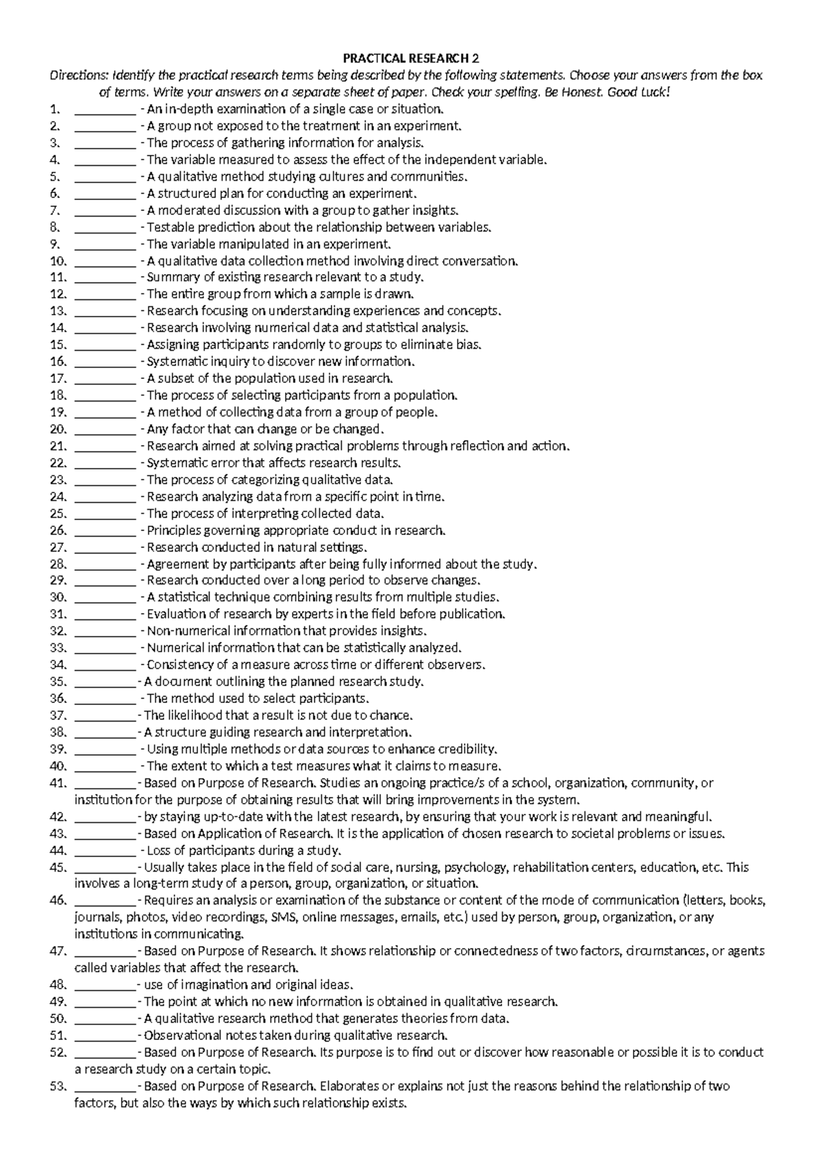Final QUIZ- PR 2 Terms 1st quarter - PRACTICAL RESEARCH 2 Directions ...