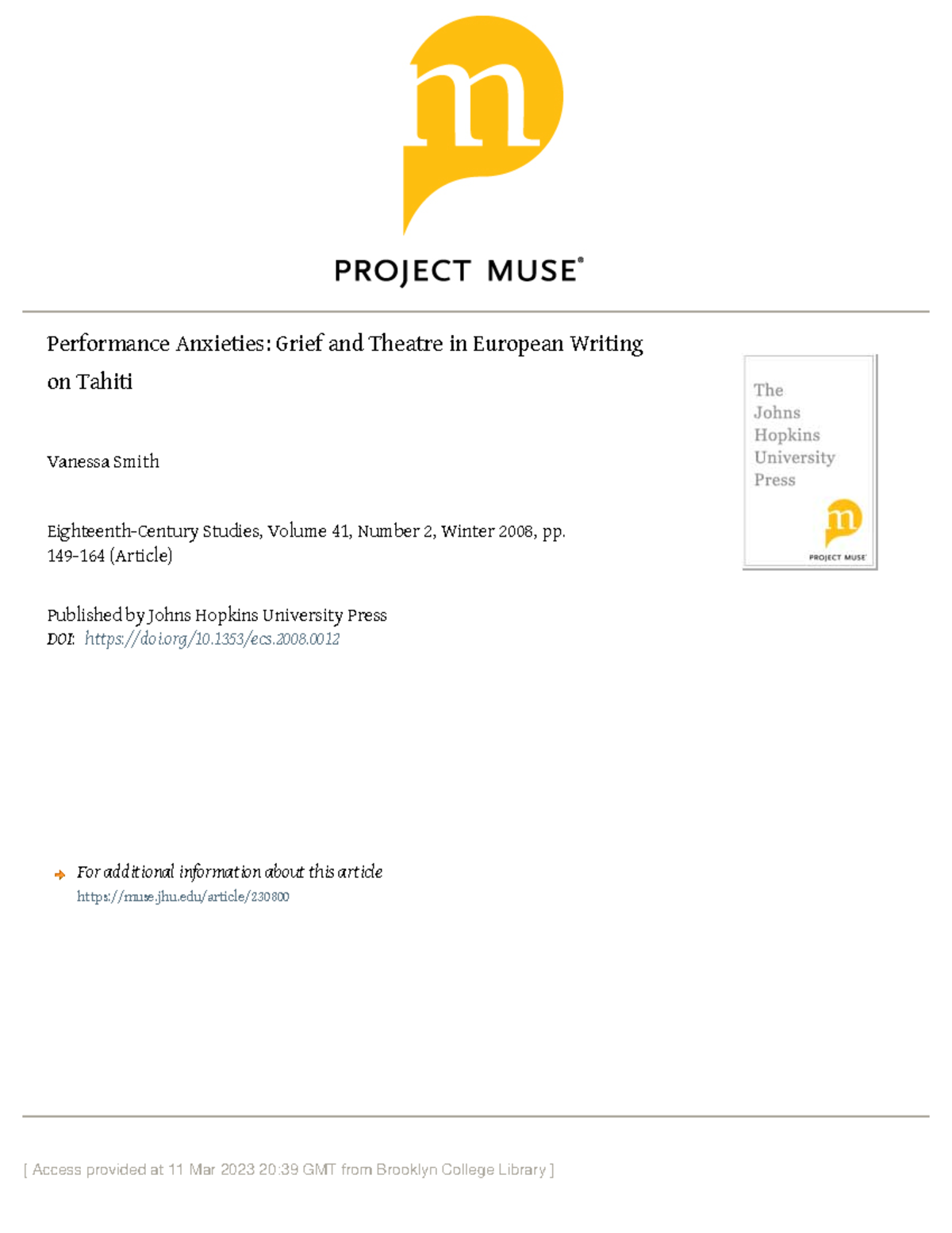 Performance Anxieties: Grief and Theatre in European Writing on Tahiti ...