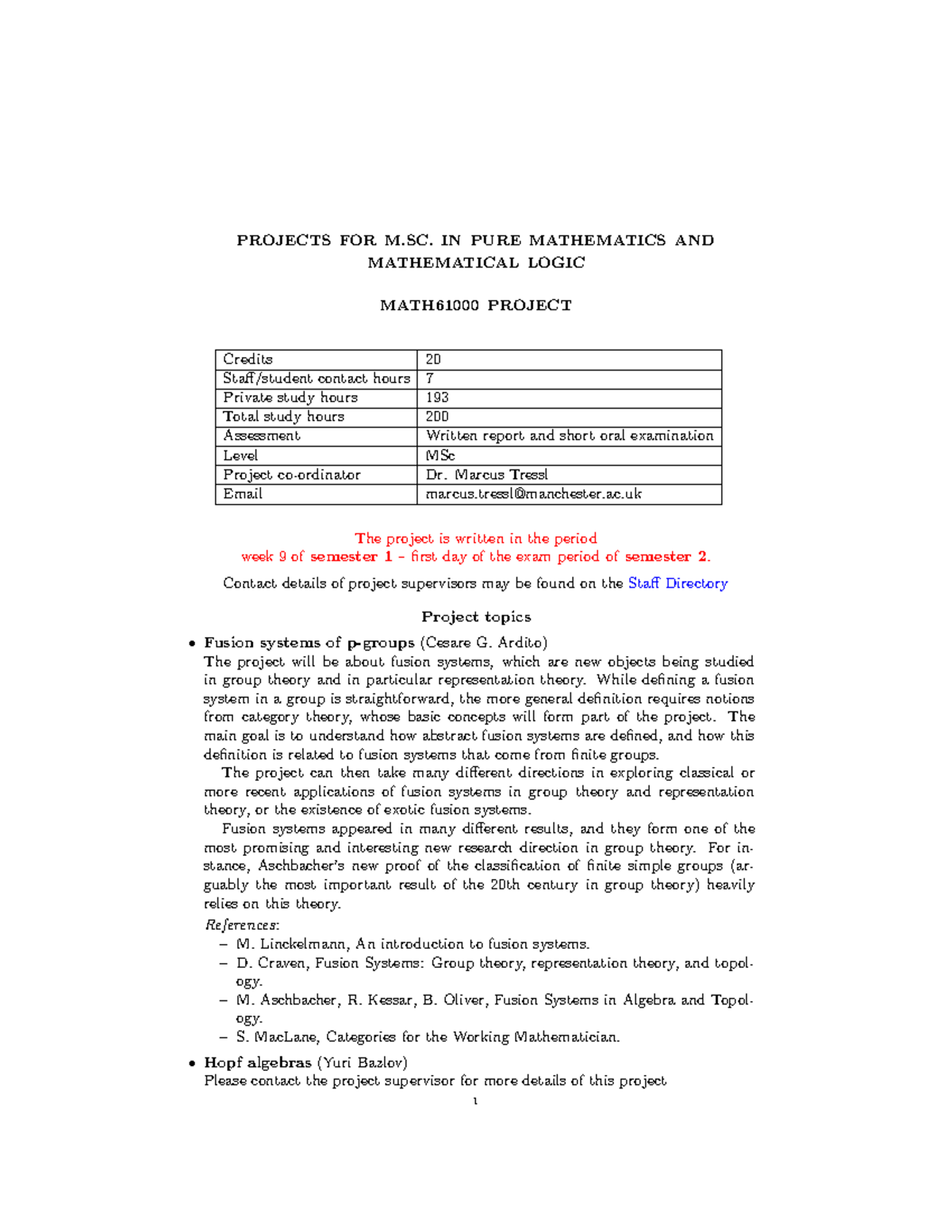 Projects MATH 61000 Notes PROJECTS FOR M IN PURE MATHEMATICS AND